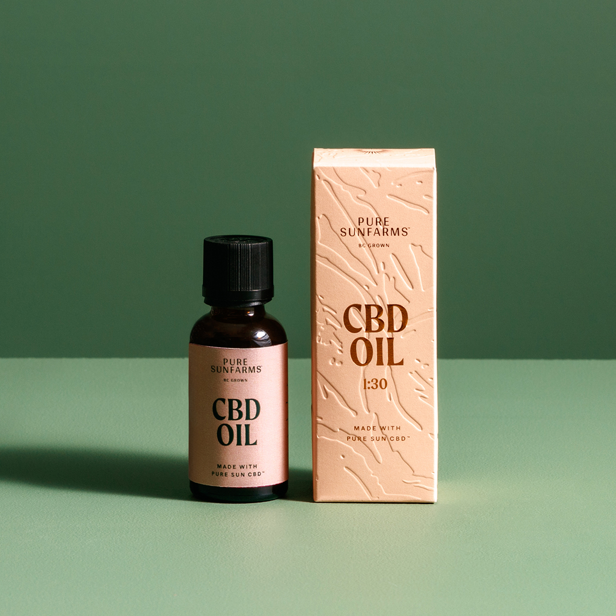 Bottle of CBD 1:30 oil and pink packaging