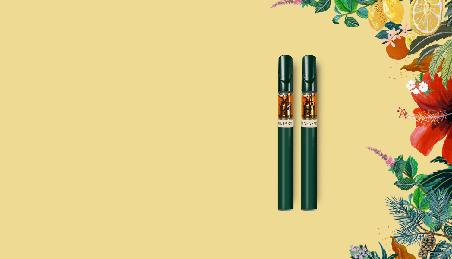 Two vapes on yellow background with floral illustrations on the right side