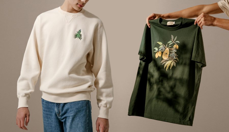 Model wearing beige crewneck with cannabis plant embroidery beside model holding a green t-shirt with lemon and cannabis illustration.