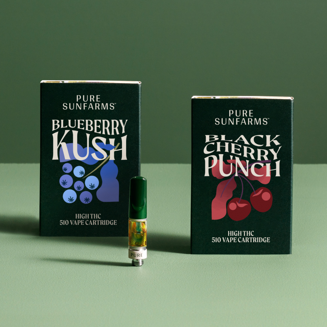 black cherry punch and blueberry kush high thc vape with packaging