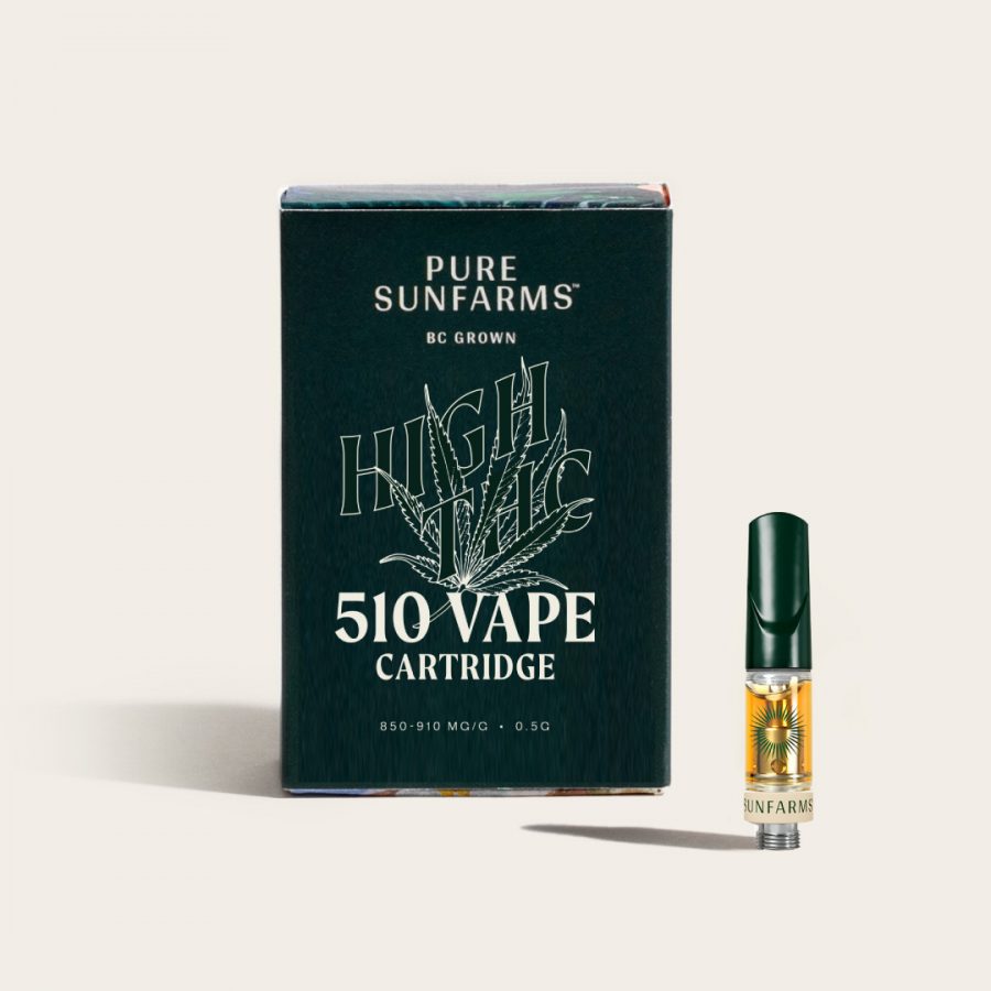 High THC 510 Vape cartridge with packaging on cream background
