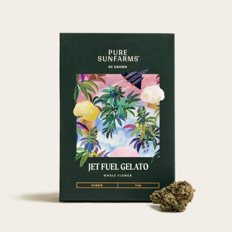 Jet Fuel Gelato cannabis bud with packaging on cream background