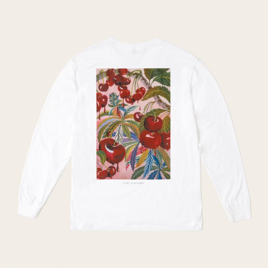 Long sleeve white T-shirt with Black Cherry Punch artwork on cream background