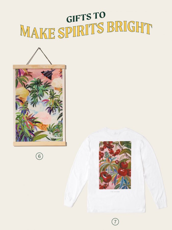 "Gifts to Make Spirits Bright" headline with Jet Fuel Gelato art print and Long Sleeve Tee