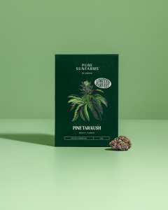 Pine Tar Kush concept packaging with bud on green background