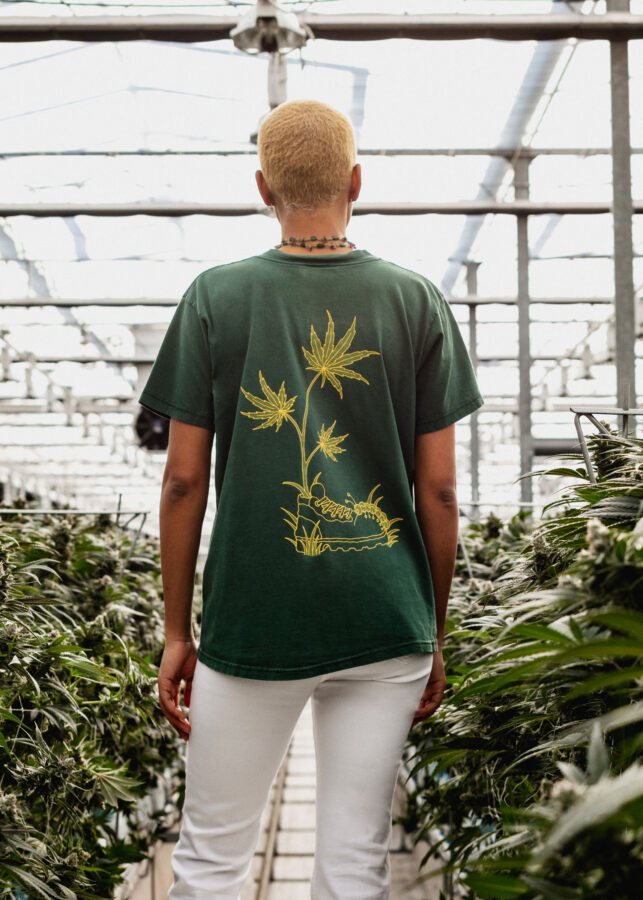 Model wearing D.Bubba tee in greenhouse with cannabis plants