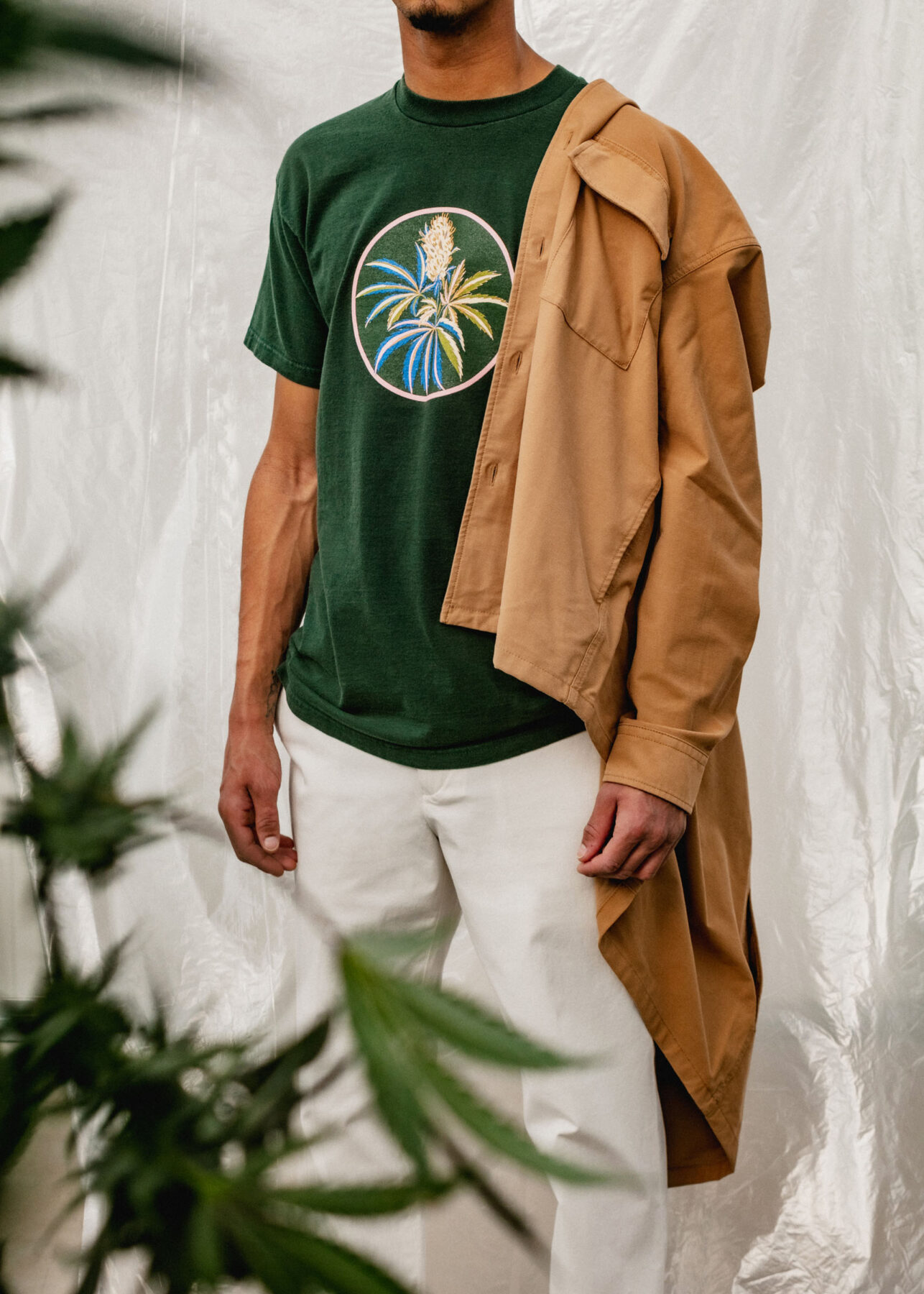 model wearing Flowerhood garments in greenhouse