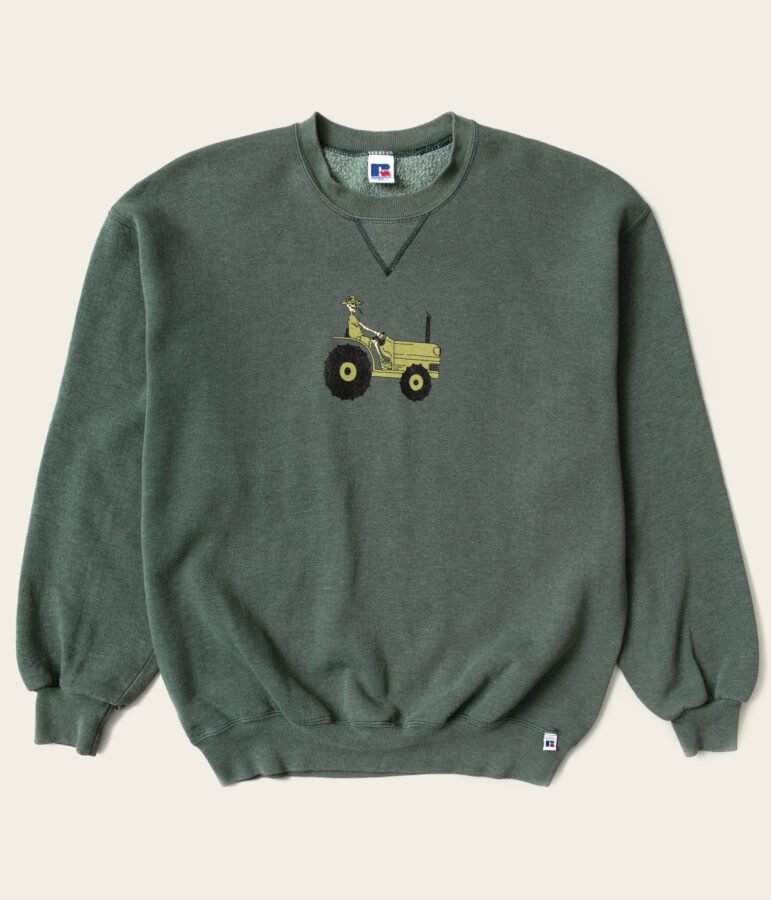 Green crewneck with tractor graphic