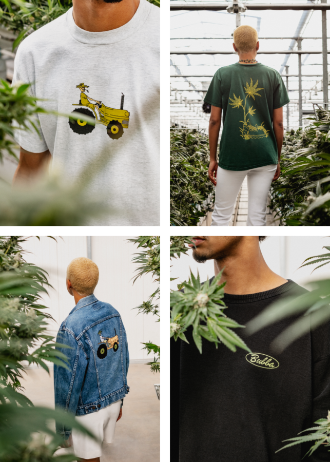 Models wearing D. Bubba garment in greenhouse with cannabis plants