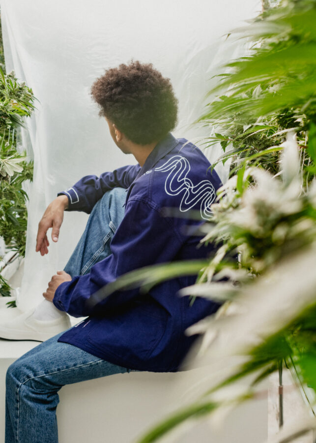 Model wearing Blue Dream work shirt in greenhouse with cannabis plants