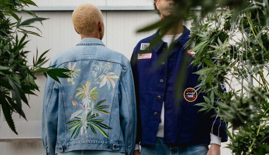 model wearing denim jacket with embroidery