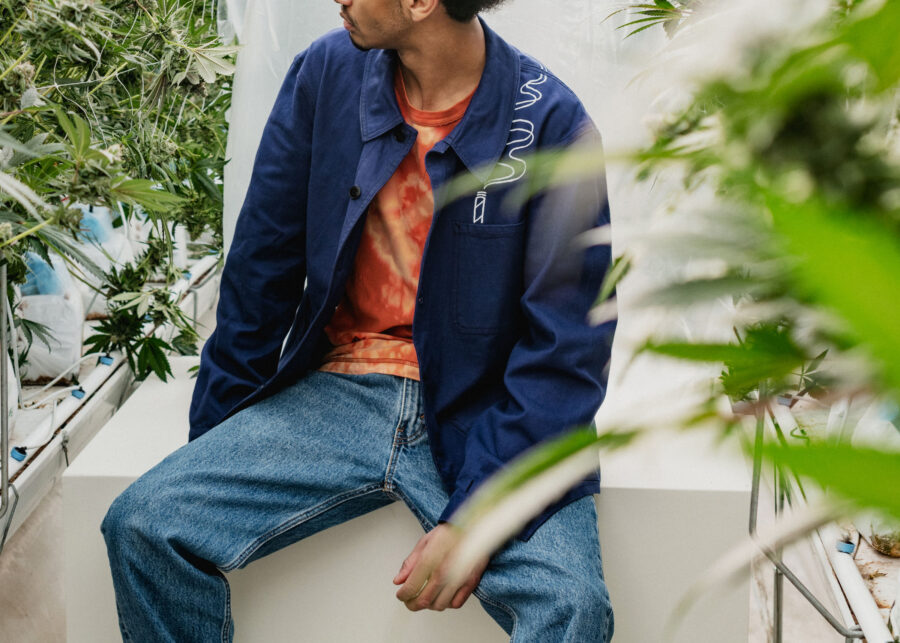 Model wearing Blue Dream work shirt in greenhouse with cannabis plants