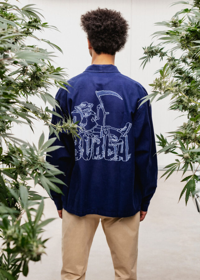 Model wearing D.Bubba work shirt in greenhouse with cannabis plants