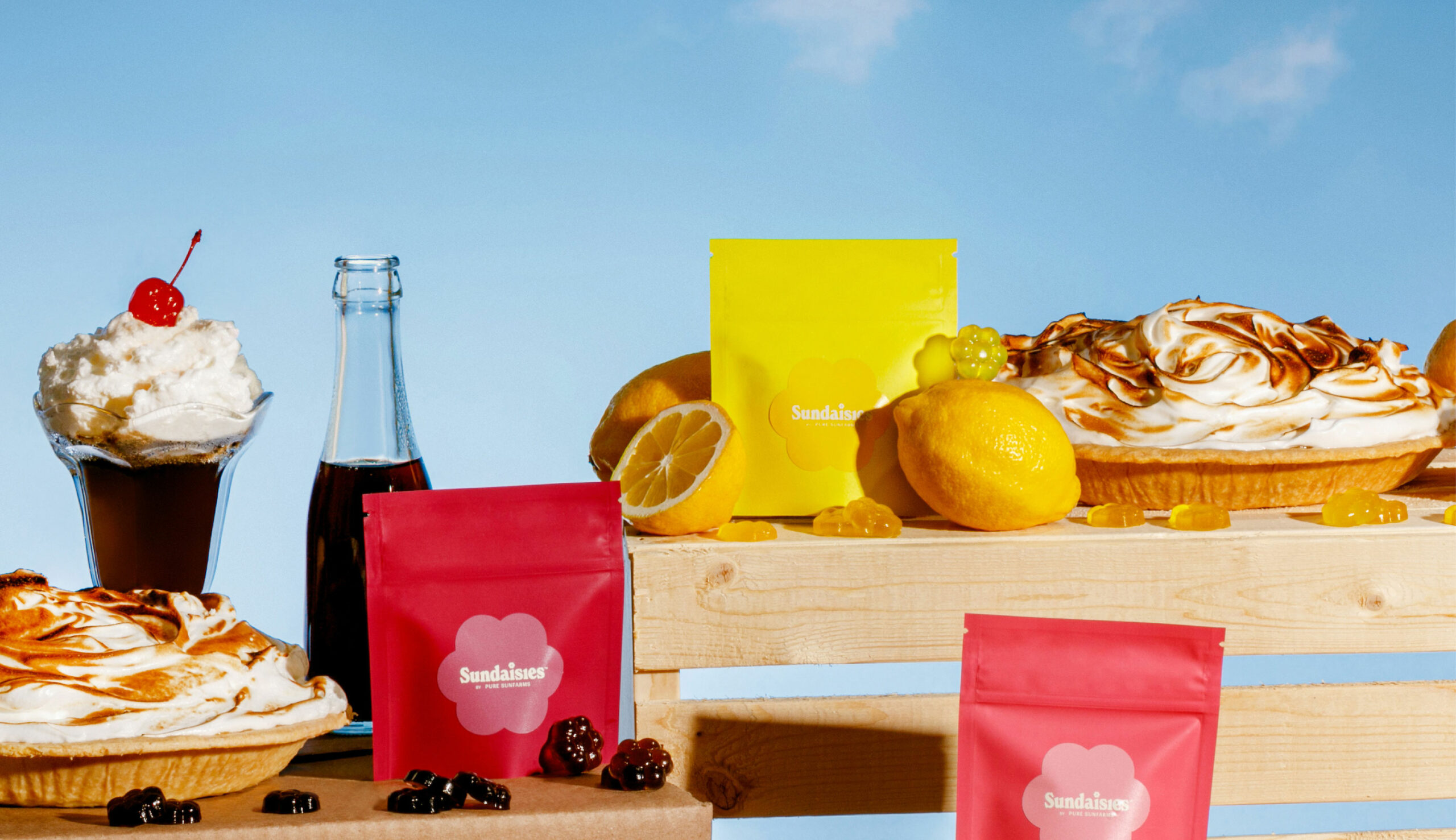 Sundaisies picnic setting with concept packaging, cherry cola float, lemon meringue pie, and lemons.